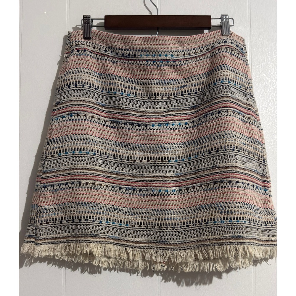 Ann Taylor LOFT Multi Color Tweed Mini Skirt w Fringe Womens 12 Striped Boho